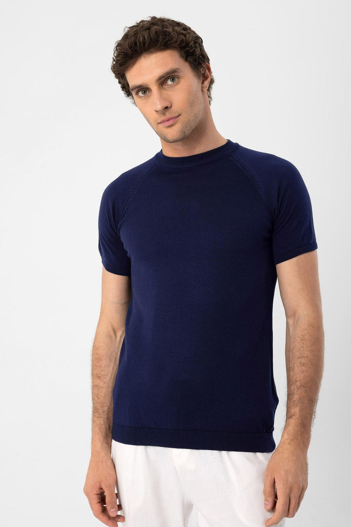 Camiseta de punto azul marino con cuello redondo para hombre - Wessi