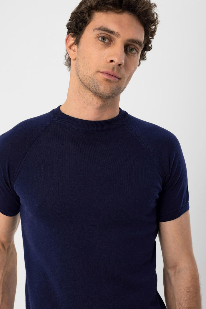 Camiseta de punto azul marino con cuello redondo para hombre - Wessi