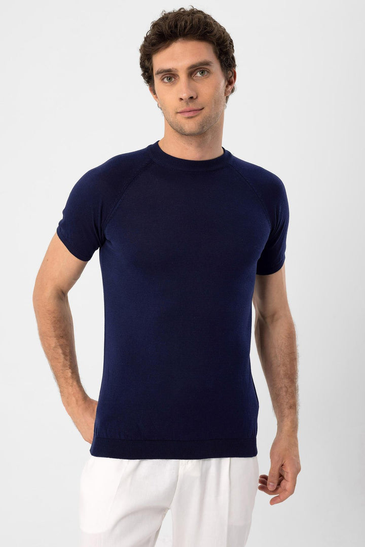 Camiseta de punto azul marino con cuello redondo para hombre - Wessi