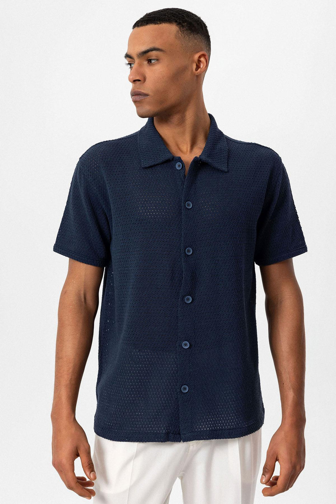 Camisa Manga Corta Texturizada Azul Marino Hombre - Wessi