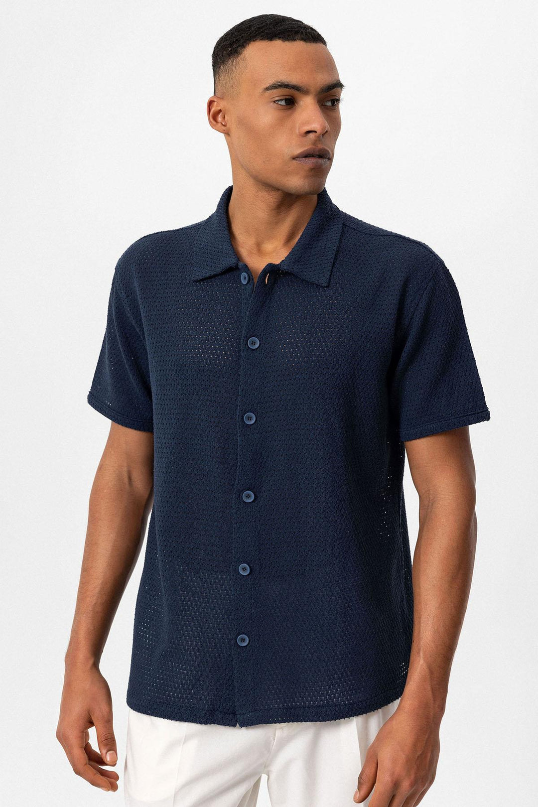 Camisa Manga Corta Texturizada Azul Marino Hombre - Wessi