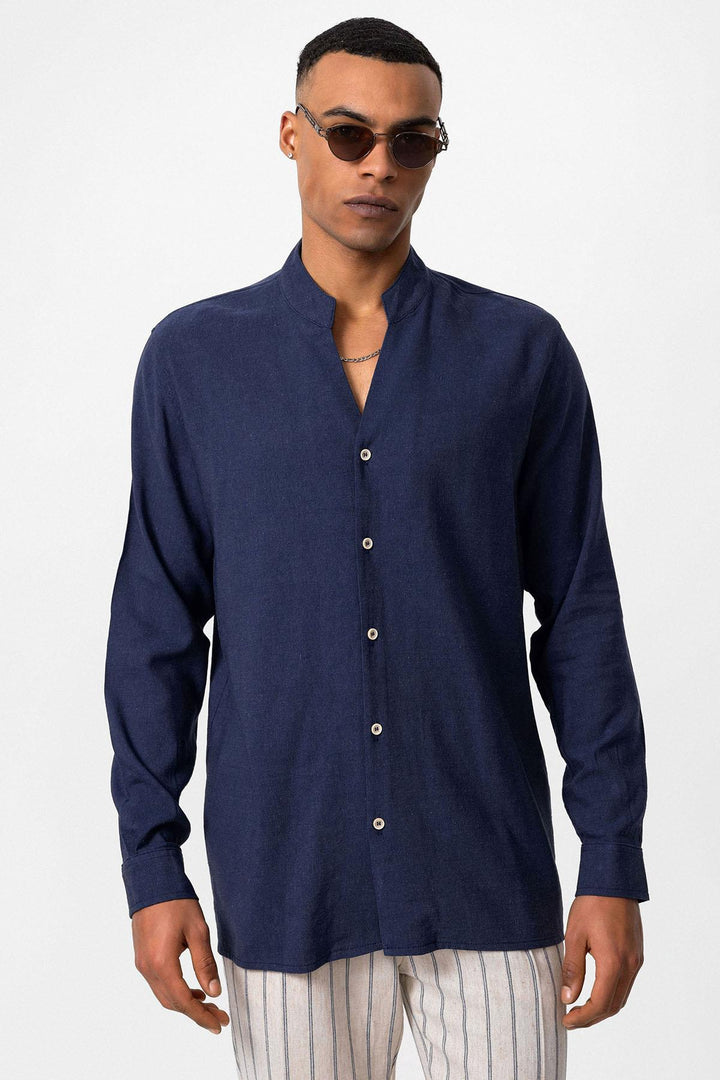 Camisa Manga Larga Azul Marino Cuello Mao Marino Hombre - Wessi