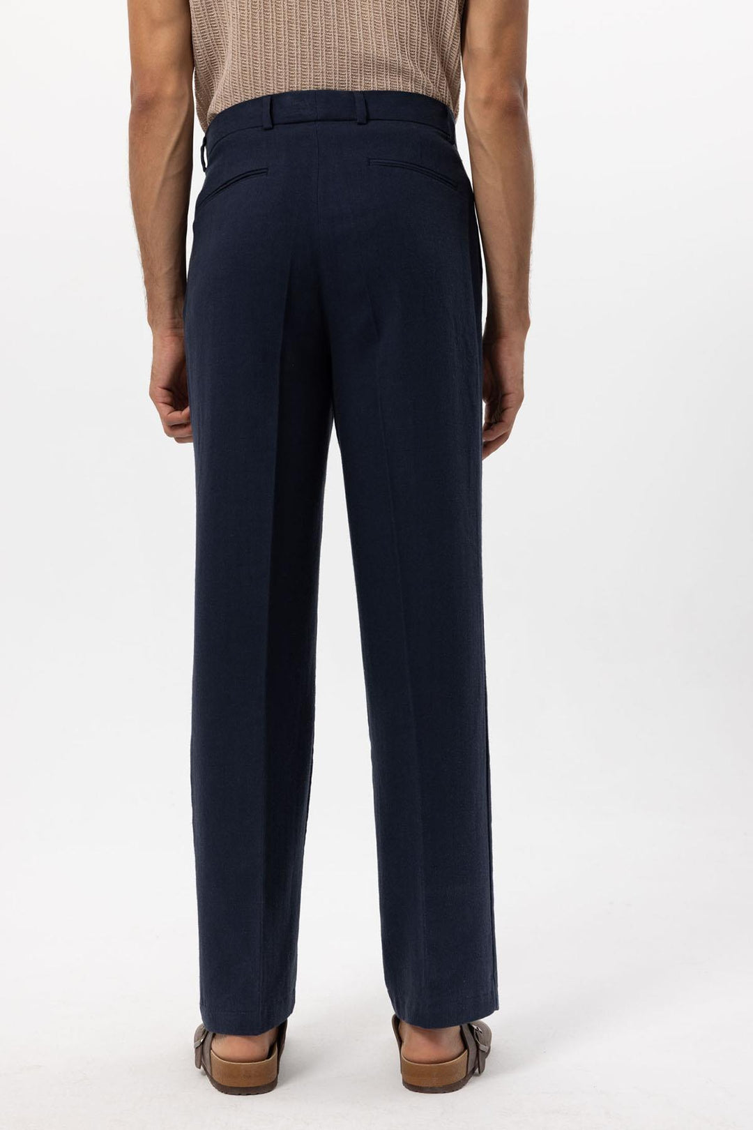 Men's Navy Blue Navy Linen Blend Baggy Pants - Wessi