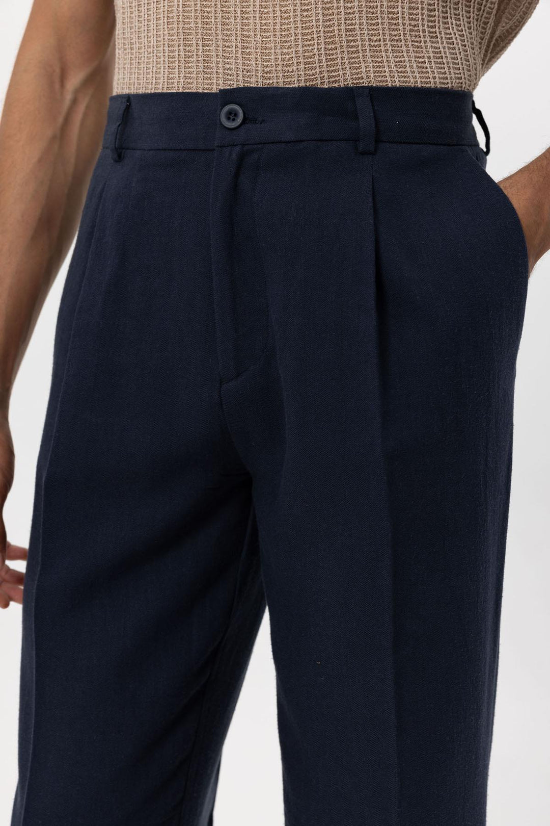 Men's Navy Blue Navy Linen Blend Baggy Pants - Wessi