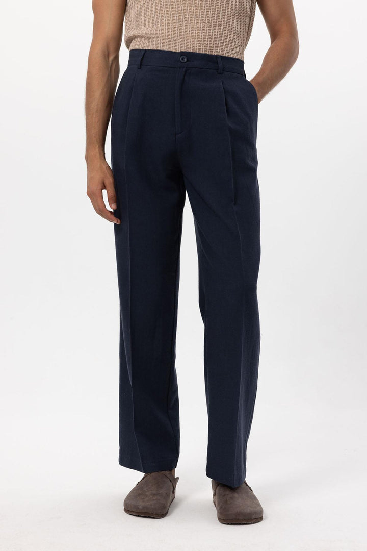 Men's Navy Blue Navy Linen Blend Baggy Pants - Wessi