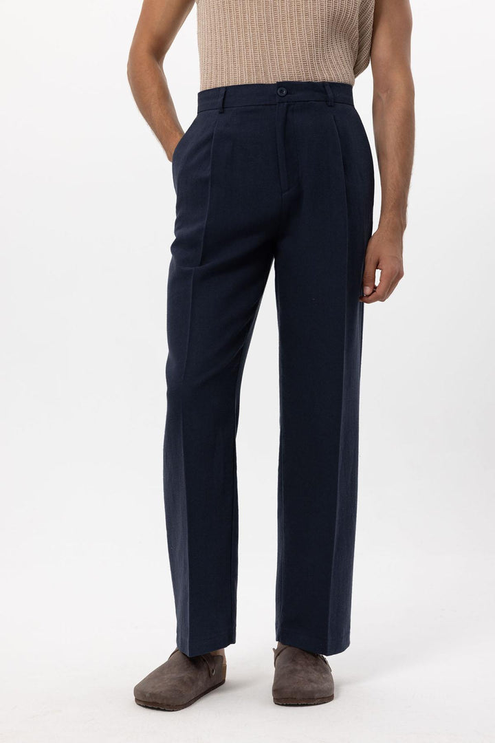 Men's Navy Blue Navy Linen Blend Baggy Pants - Wessi