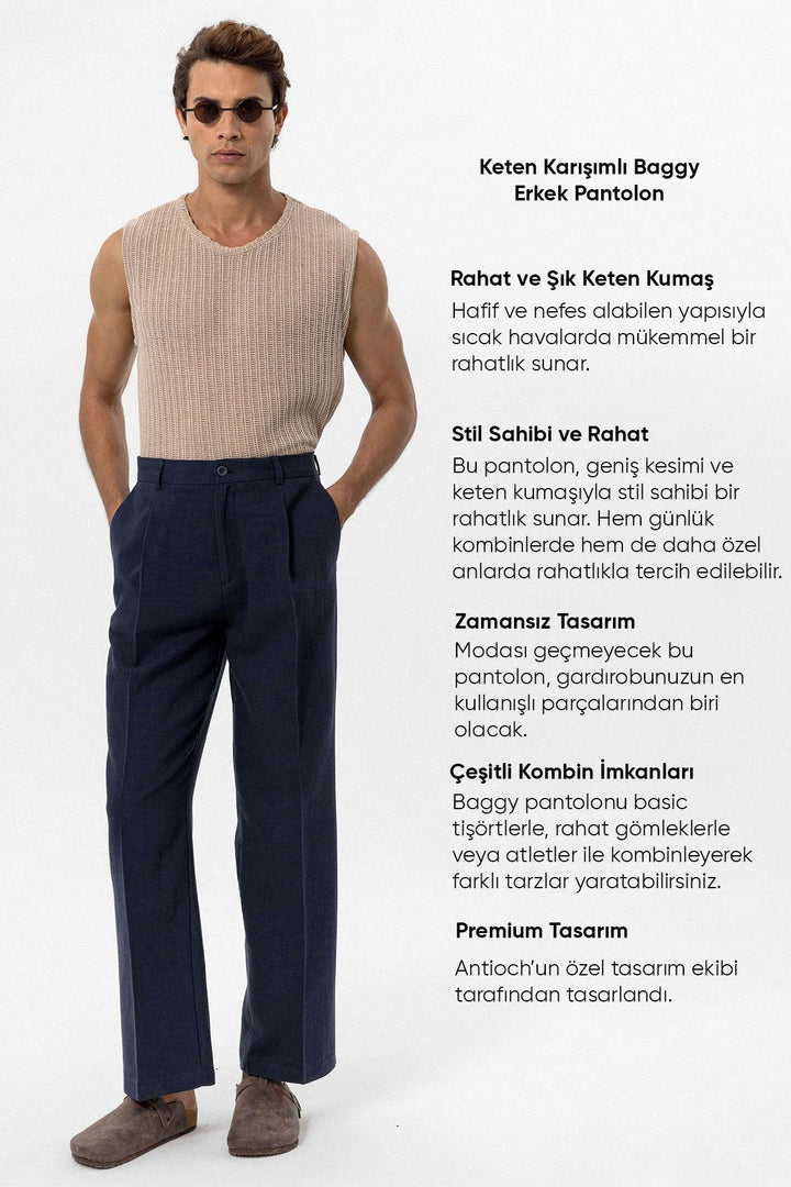 Pantalón Baggy Azul Marino Mezcla Lino Hombre - Wessi