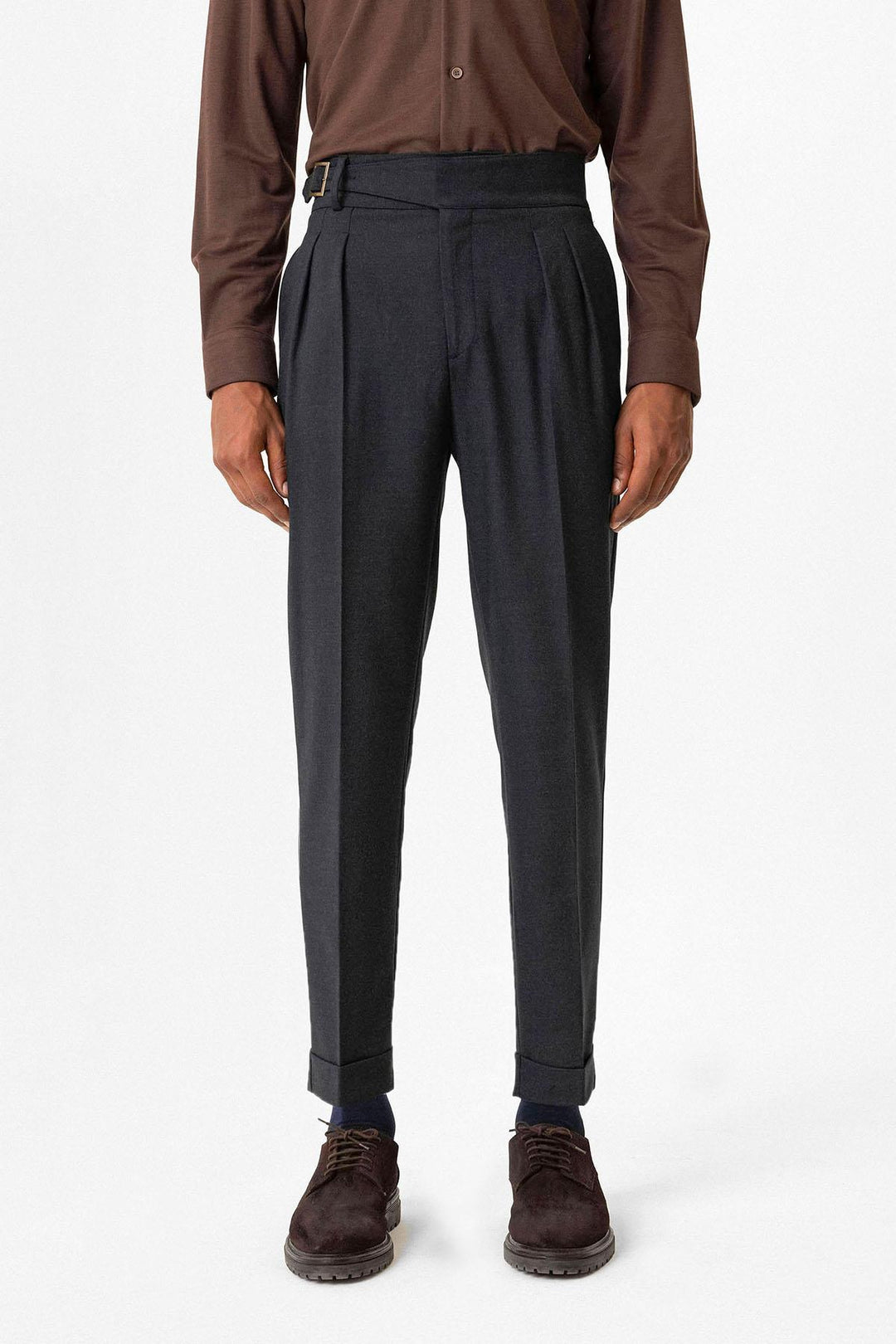 Navy Pleated Men's Trousers with Buckle Detail - Wessi