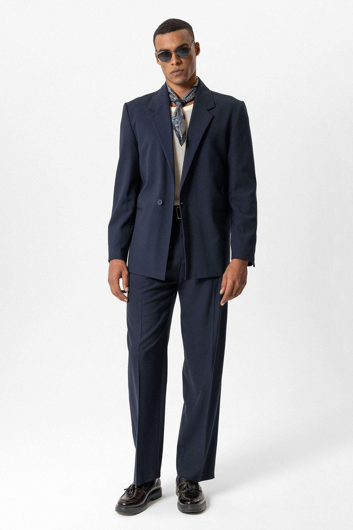 Navy Single-Button Relaxed Men's Blazer Jacket - Wessi