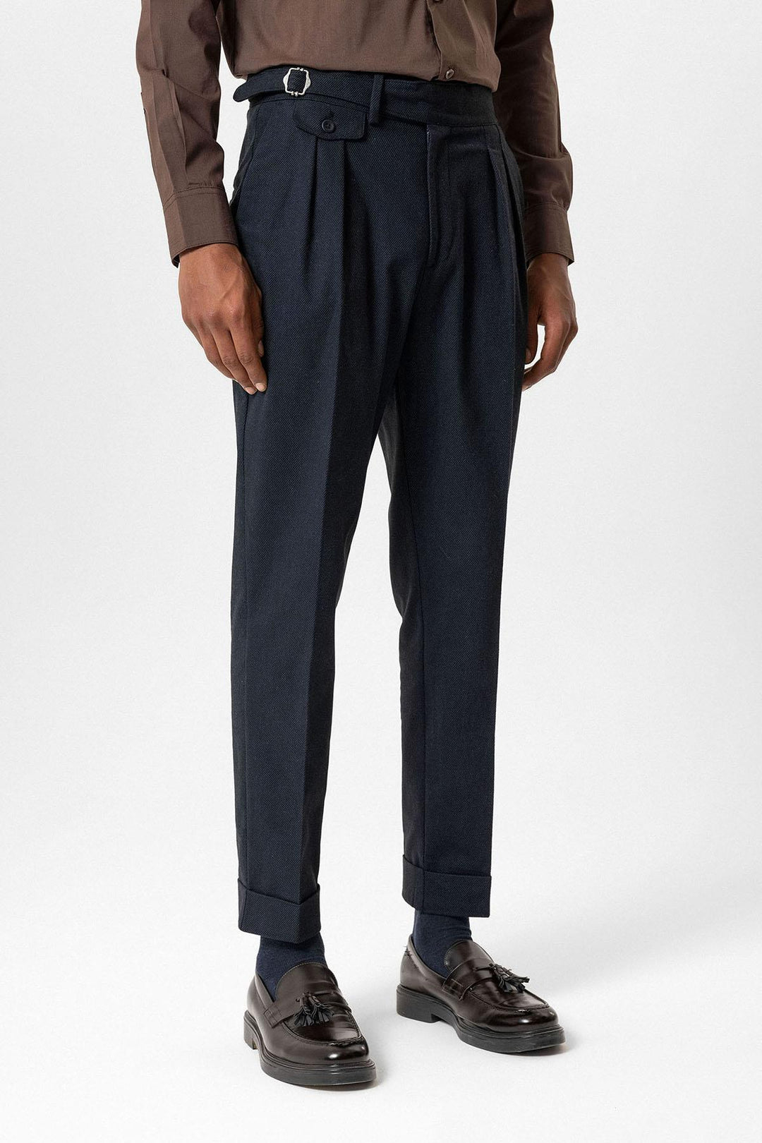 Navy High-Waisted Men's Trousers with Buckle Detail - Wessi