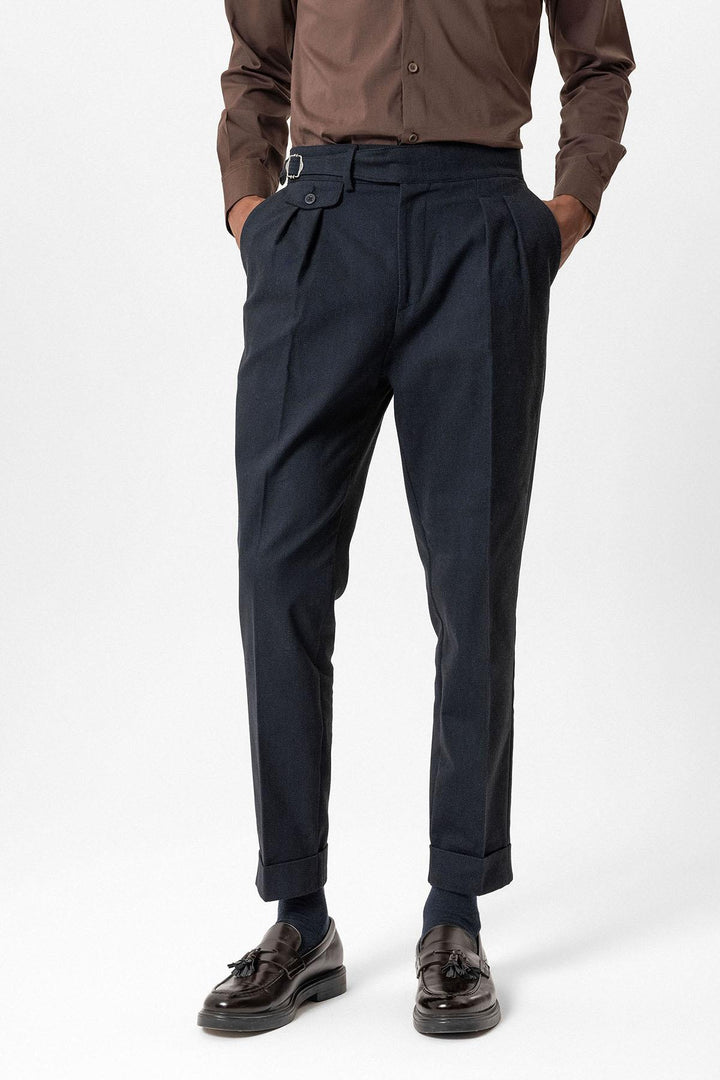 Navy High-Waisted Men's Trousers with Buckle Detail - Wessi