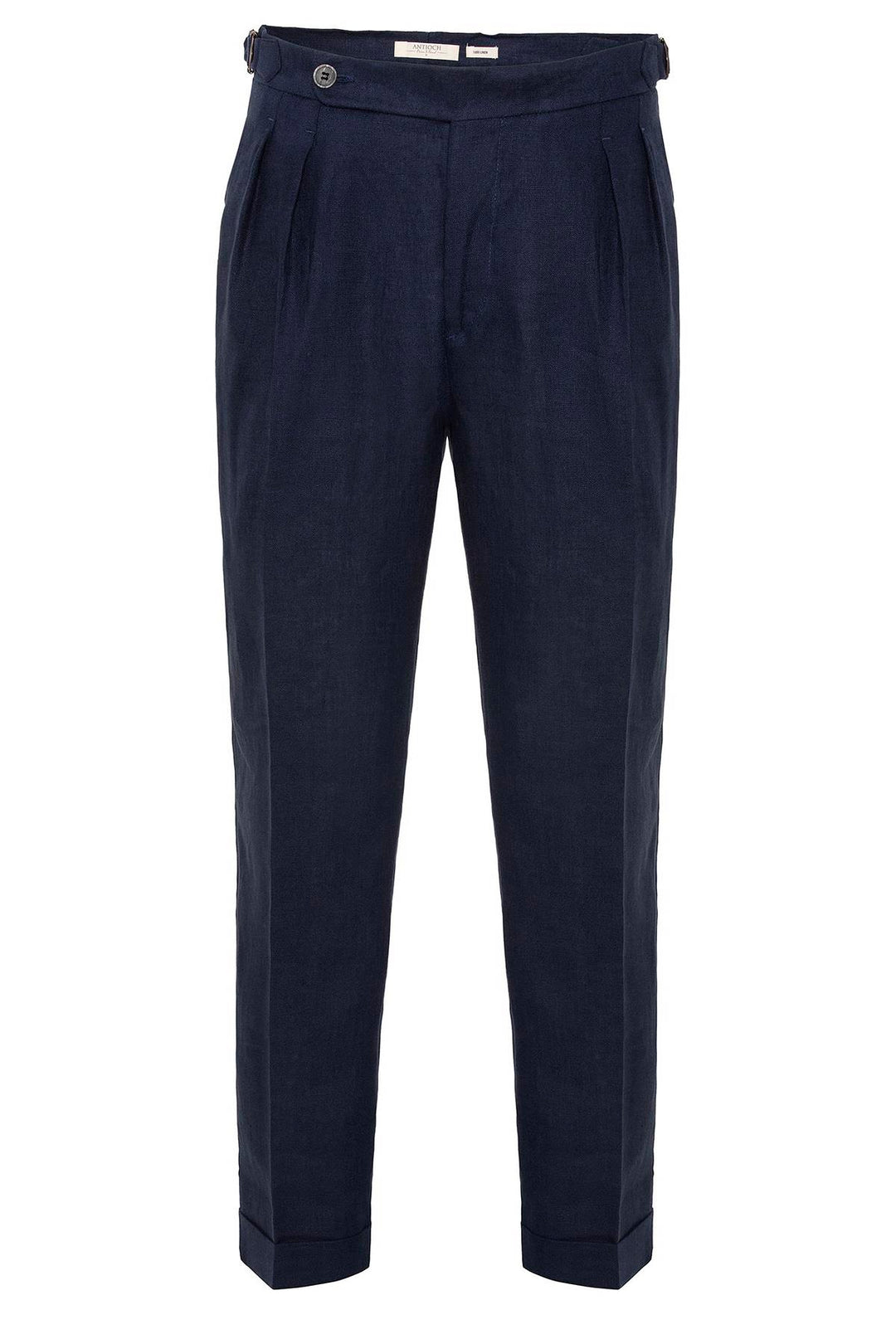 Men's Navy Blue Navy High-Waist 100% Linen Pleated Pants - Wessi