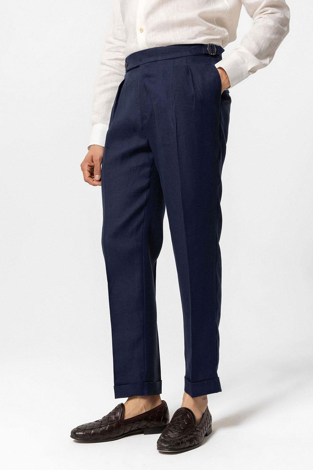 Men's Navy Blue Navy High-Waist 100% Linen Pleated Pants - Wessi