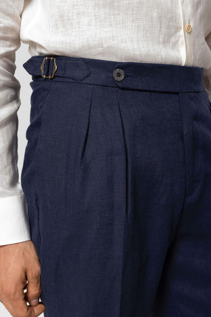 Men's Navy Blue Navy High-Waist 100% Linen Pleated Pants - Wessi