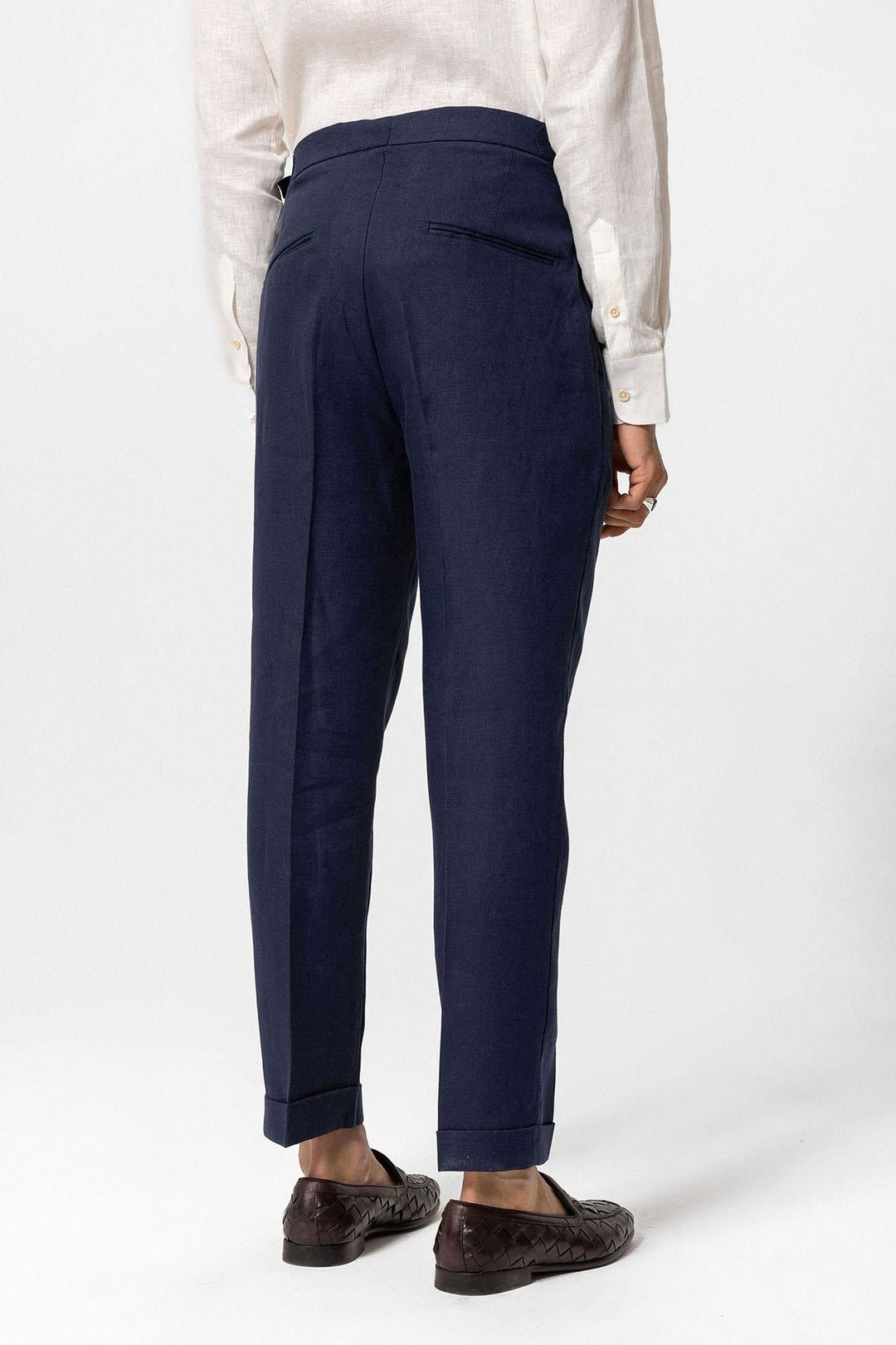 Men's Navy Blue Navy High-Waist 100% Linen Pleated Pants - Wessi