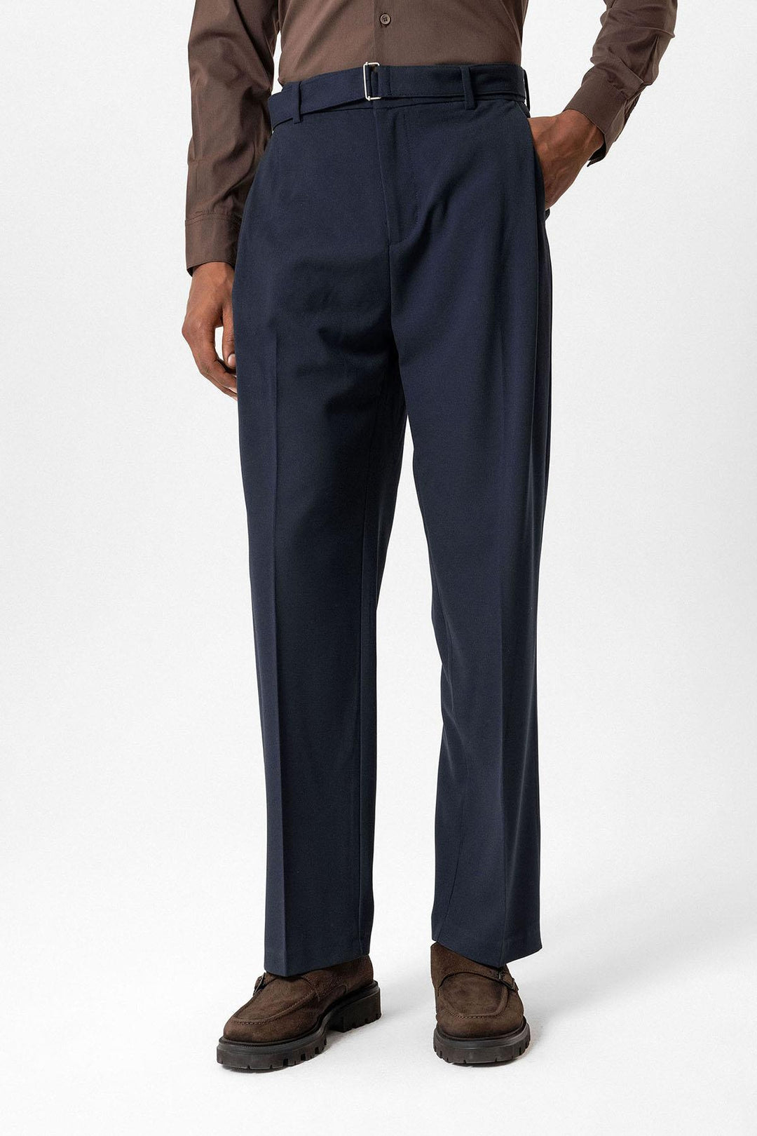 Navy High-Waisted Belted Men's Trousers - Wessi