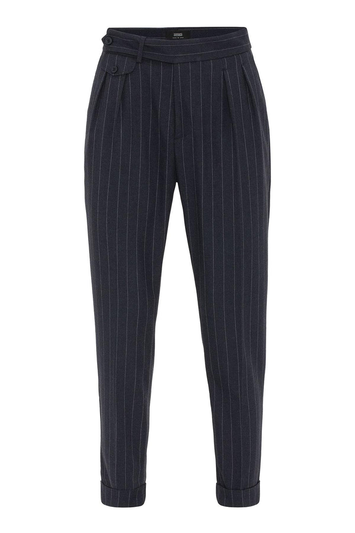 Navy High-Waisted Pleated Striped Men's Trousers - Wessi