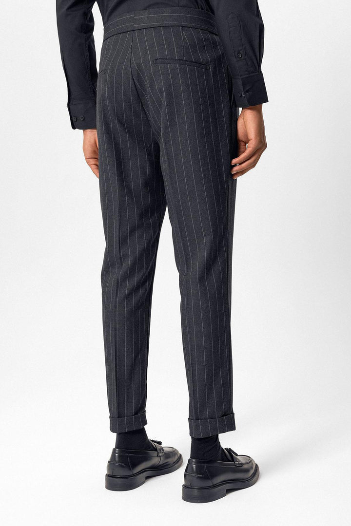 Navy High-Waisted Pleated Striped Men's Trousers - Wessi