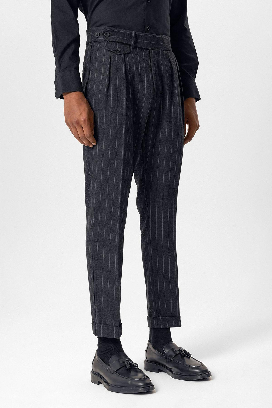 Navy High-Waisted Pleated Striped Men's Trousers - Wessi