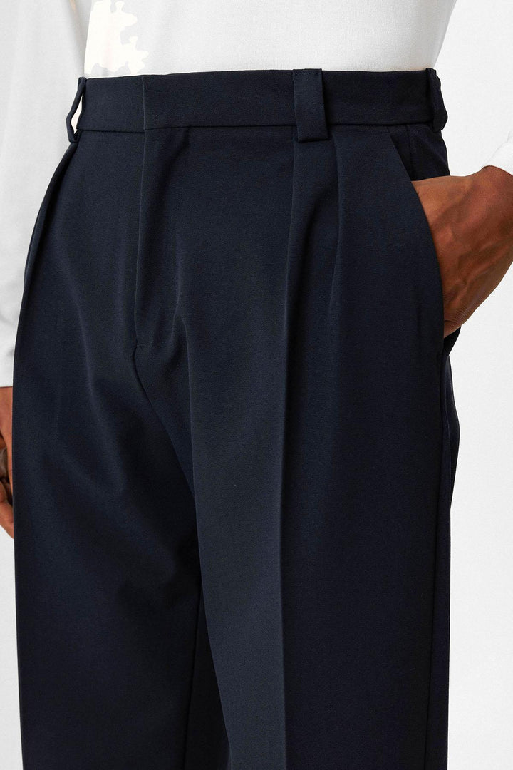 Navy Blue High Waist Pleated Relaxed Fit Baggy Men's Pants - Wessi