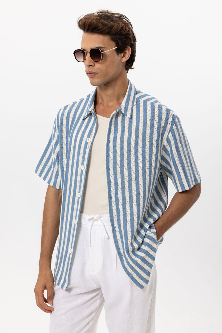 Camisa de hombre oversize de punto a rayas azul - Wessi