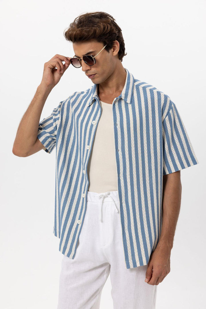 Camisa de hombre oversize de punto a rayas azul - Wessi