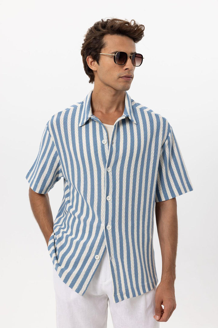 Camisa de hombre oversize de punto a rayas azul - Wessi