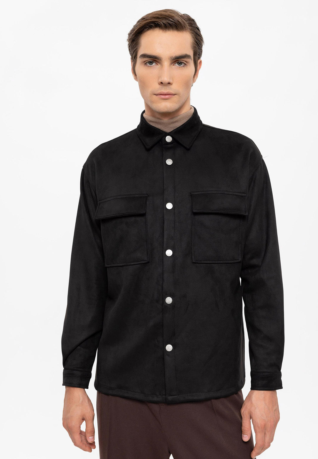 Men's Black Suede Regular Fit  Shirt with Metal Buttons - Wessi