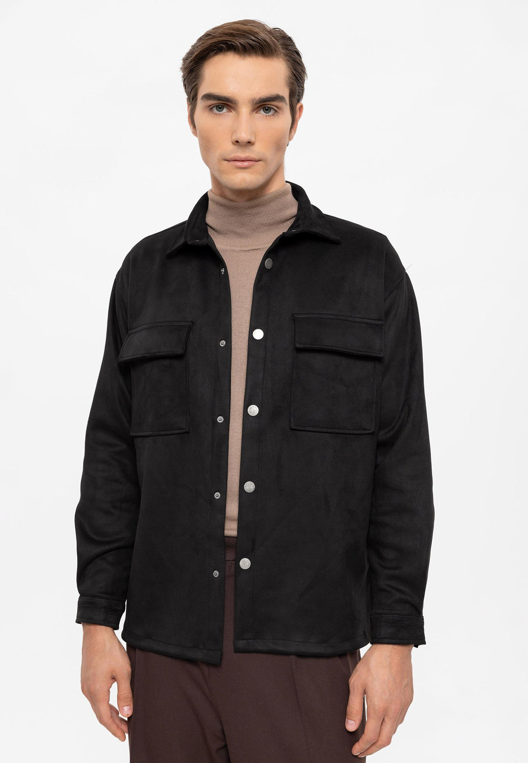 Men's Black Suede Regular Fit  Shirt with Metal Buttons - Wessi