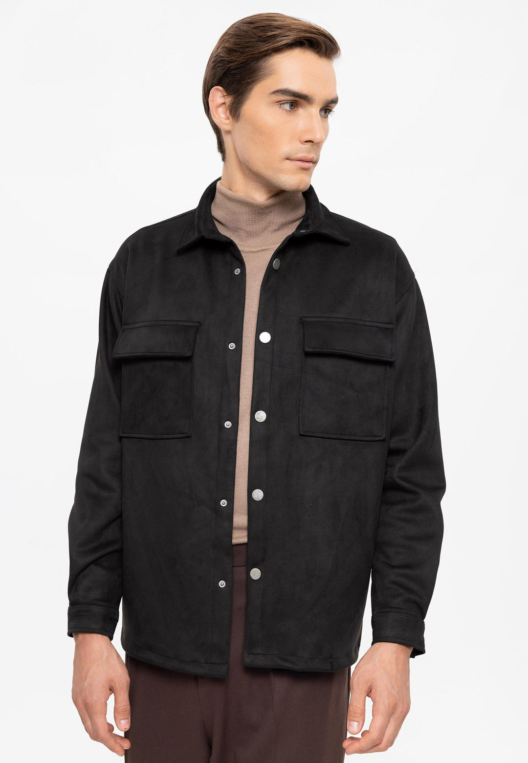 Men's Black Suede Regular Fit  Shirt with Metal Buttons - Wessi