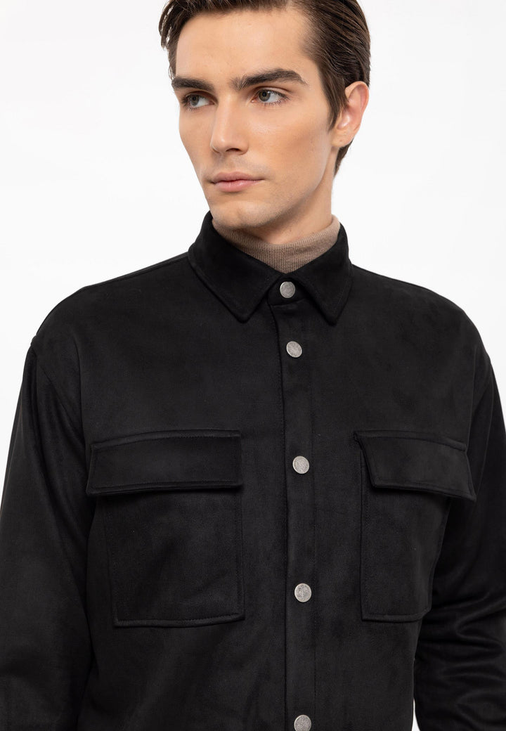 Men's Black Suede Regular Fit  Shirt with Metal Buttons - Wessi