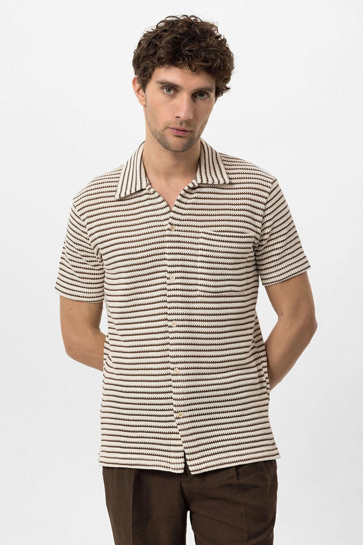 Men's Brown Knit Striped Short Sleeve  Shirt - Wessi