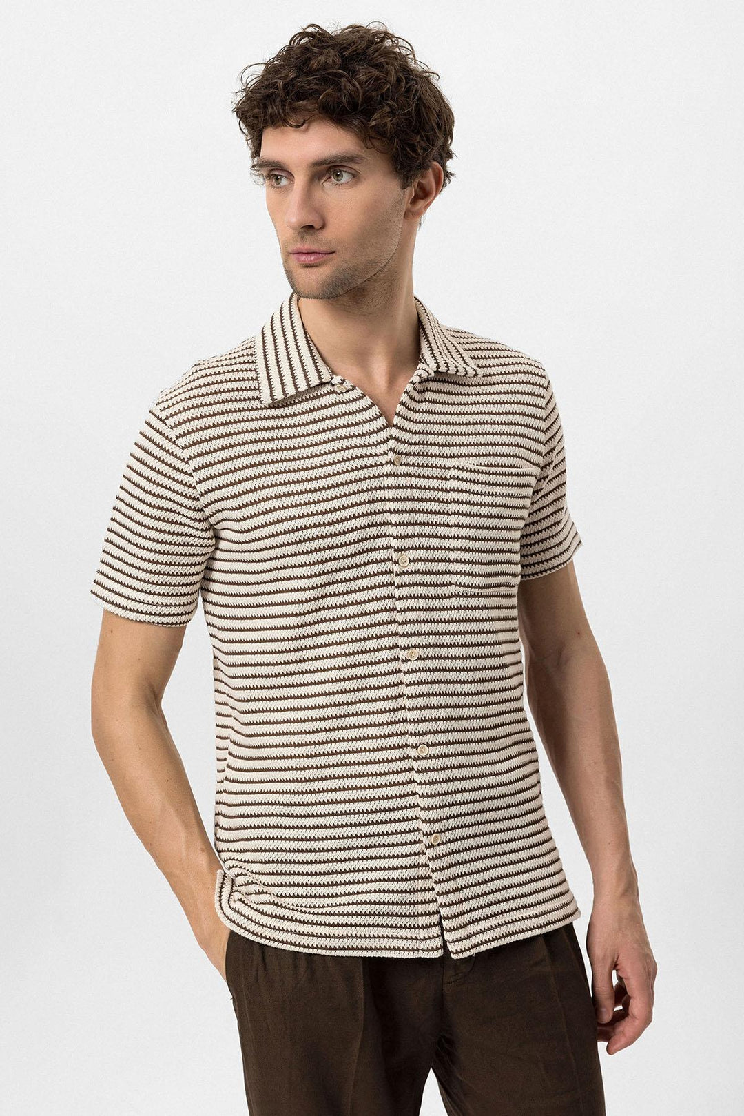 Men's Brown Knit Striped Short Sleeve  Shirt - Wessi