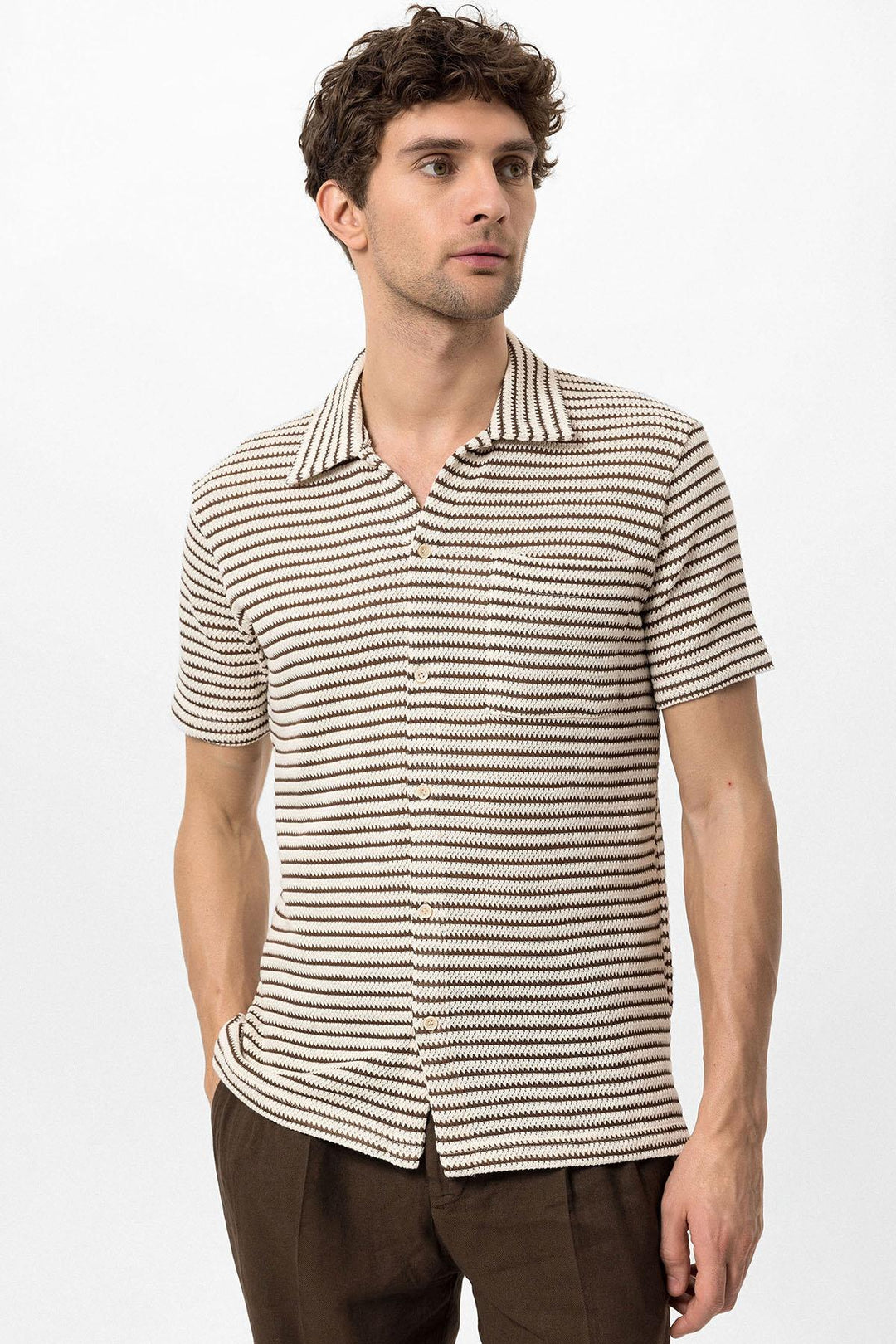 Men's Brown Knit Striped Short Sleeve  Shirt - Wessi