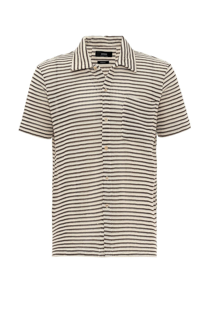 Men's Brown Knit Striped Short Sleeve  Shirt - Wessi