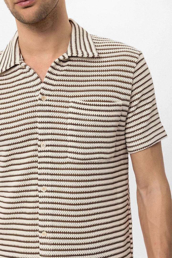 Men's Brown Knit Striped Short Sleeve  Shirt - Wessi