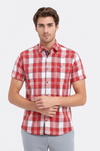Checked Short Sleeve Burgundy Men Shirt - Wessi