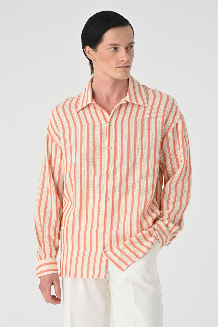 Men's Salmon Oversized Striped Shirt - Wessi