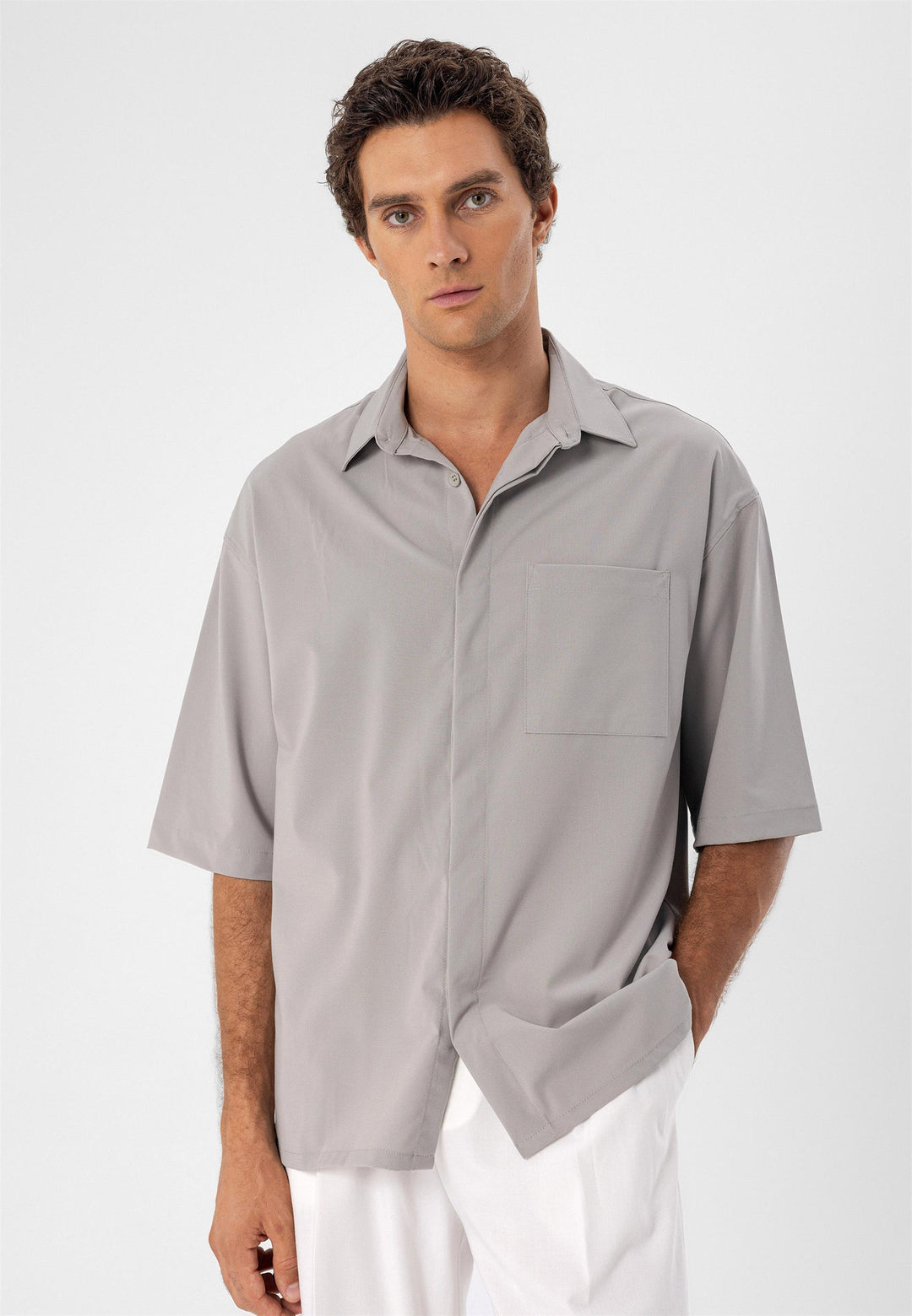 Men's Light Grey Oversize Hidden Button Short Sleeve  Shirt - Wessi