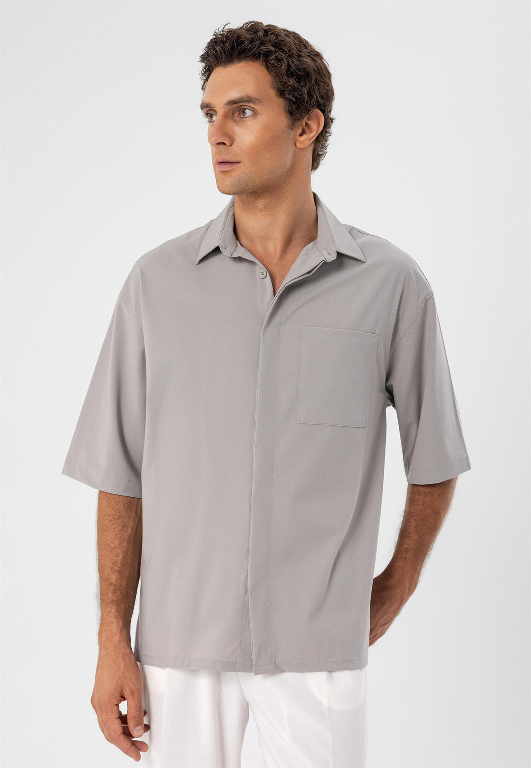 Men's Light Grey Oversize Hidden Button Short Sleeve  Shirt - Wessi