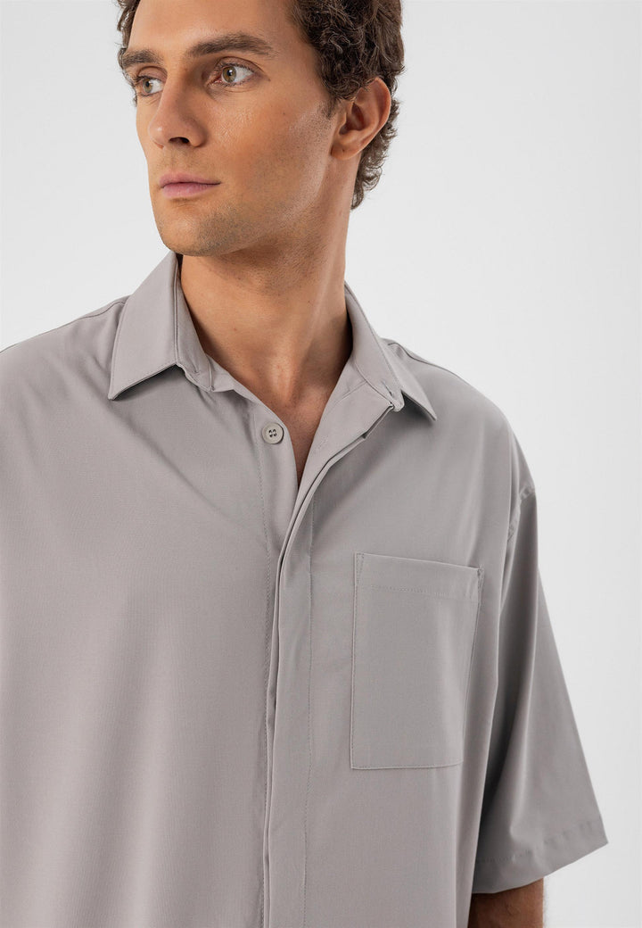 Men's Light Grey Oversize Hidden Button Short Sleeve  Shirt - Wessi