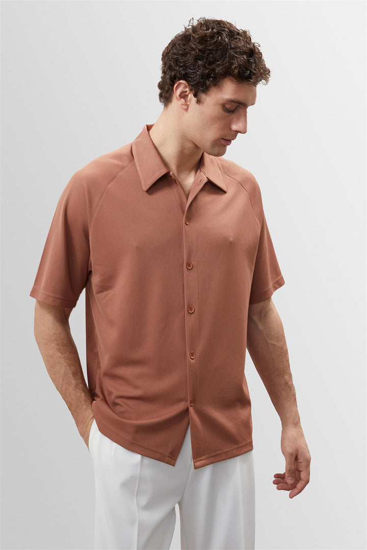 Men's Light Brown Oversize Short Sleeve  Shirt - Wessi