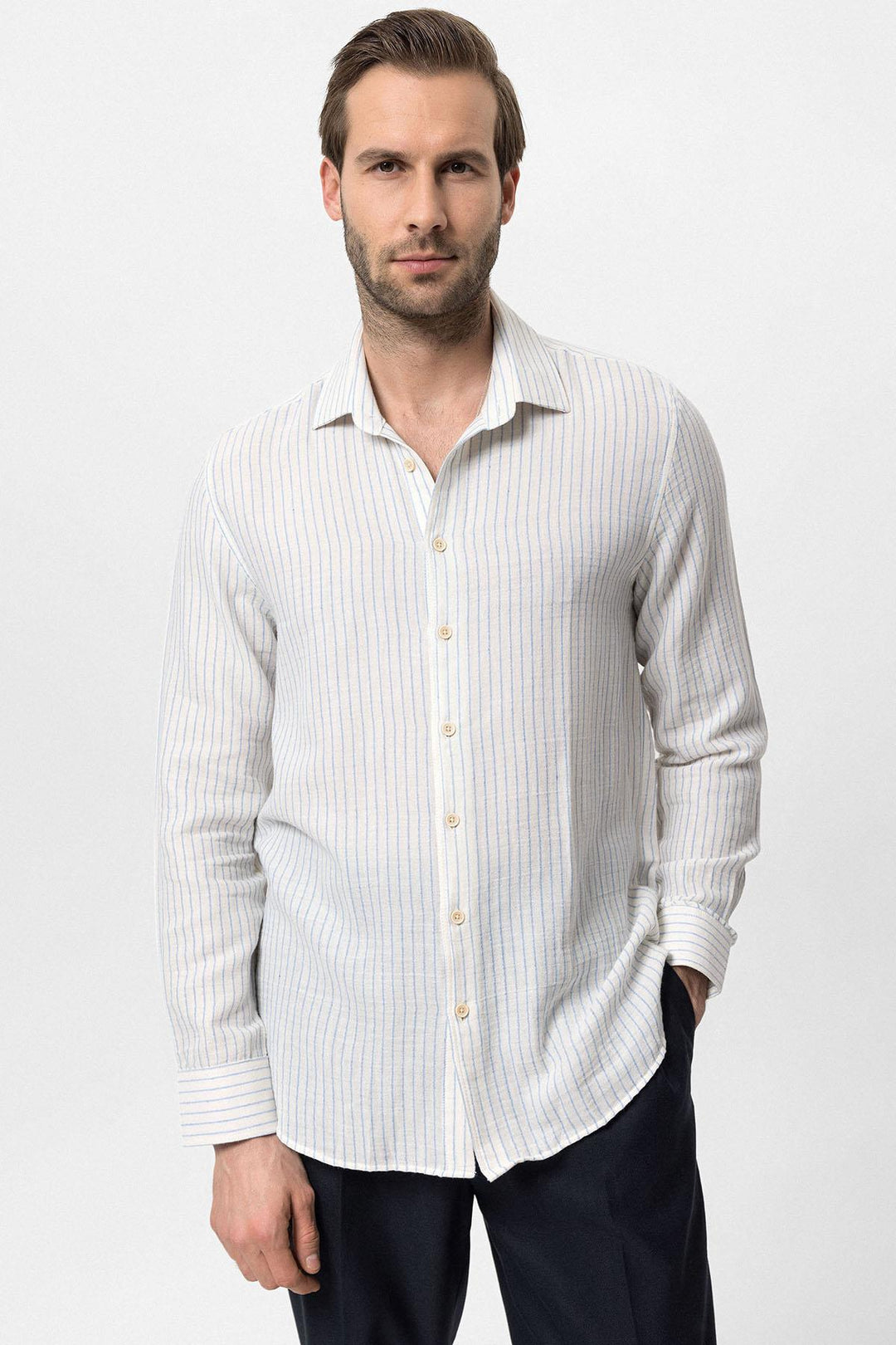 Men's Baby Blue Cotton Striped  Shirt - Wessi