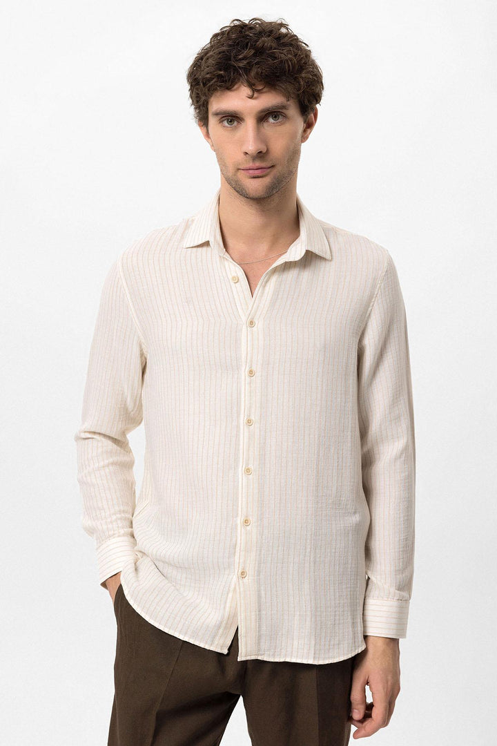 Camisa de hombre de rayas de algodón beige - Wessi