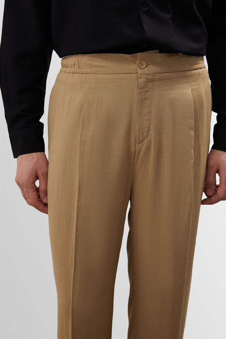 Men's Light Mink High Waist Pleated Linen Blend  Trousers - Wessi