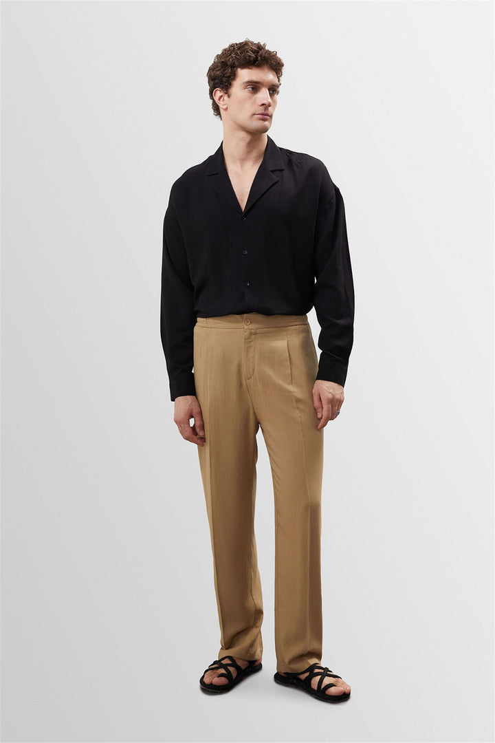 Men's Light Mink High Waist Pleated Linen Blend  Trousers - Wessi