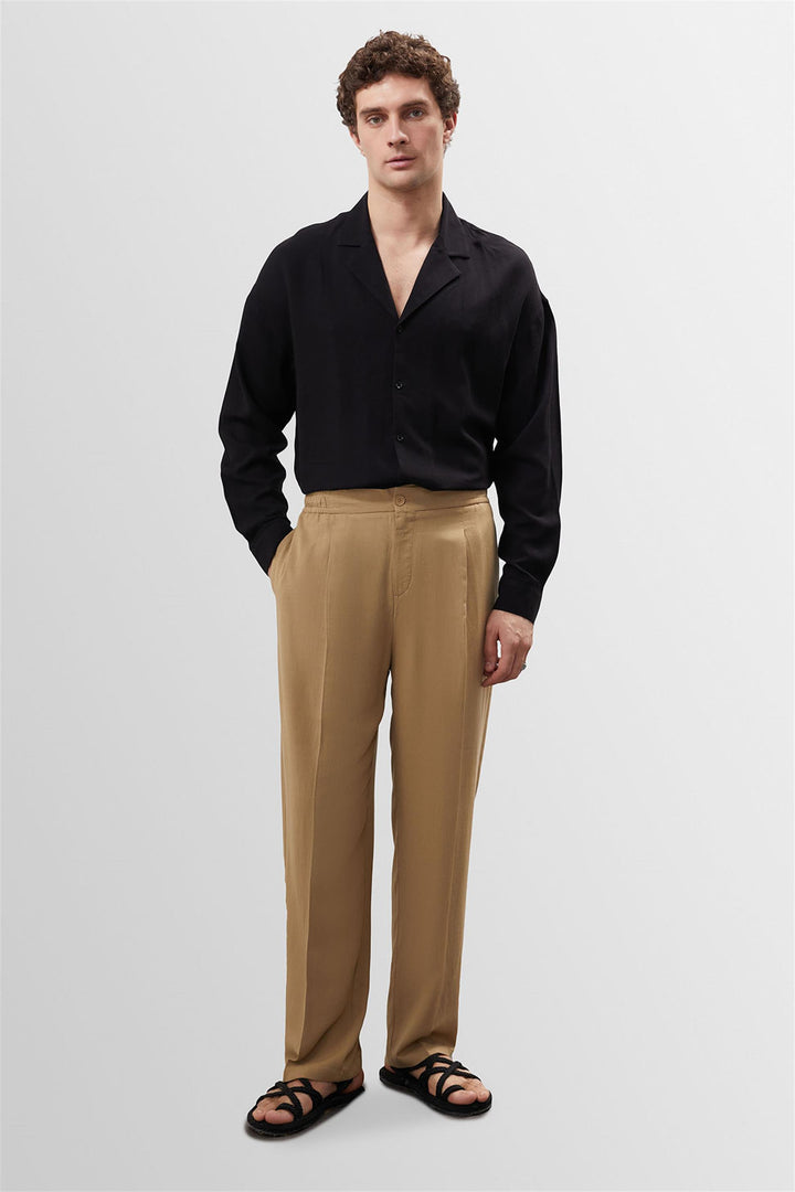 Men's Light Mink High Waist Pleated Linen Blend  Trousers - Wessi