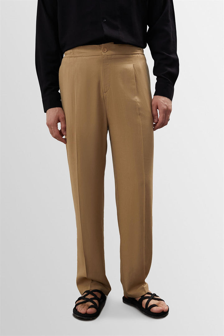 Men's Light Mink High Waist Pleated Linen Blend  Trousers - Wessi