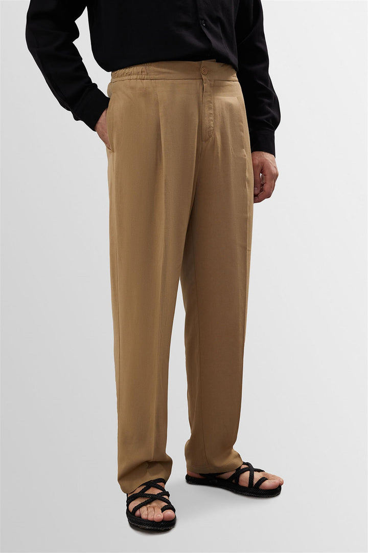 Men's Light Mink High Waist Pleated Linen Blend  Trousers - Wessi