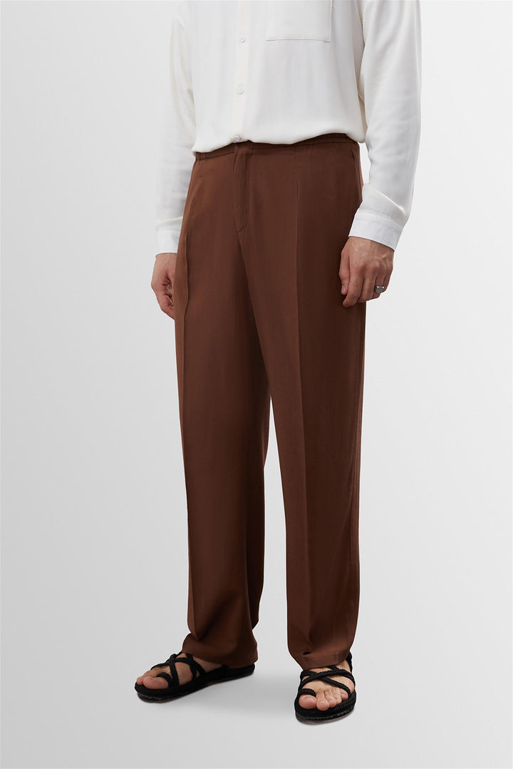 Men's Brown High Waist Pleated Linen Blend  Trousers - Wessi